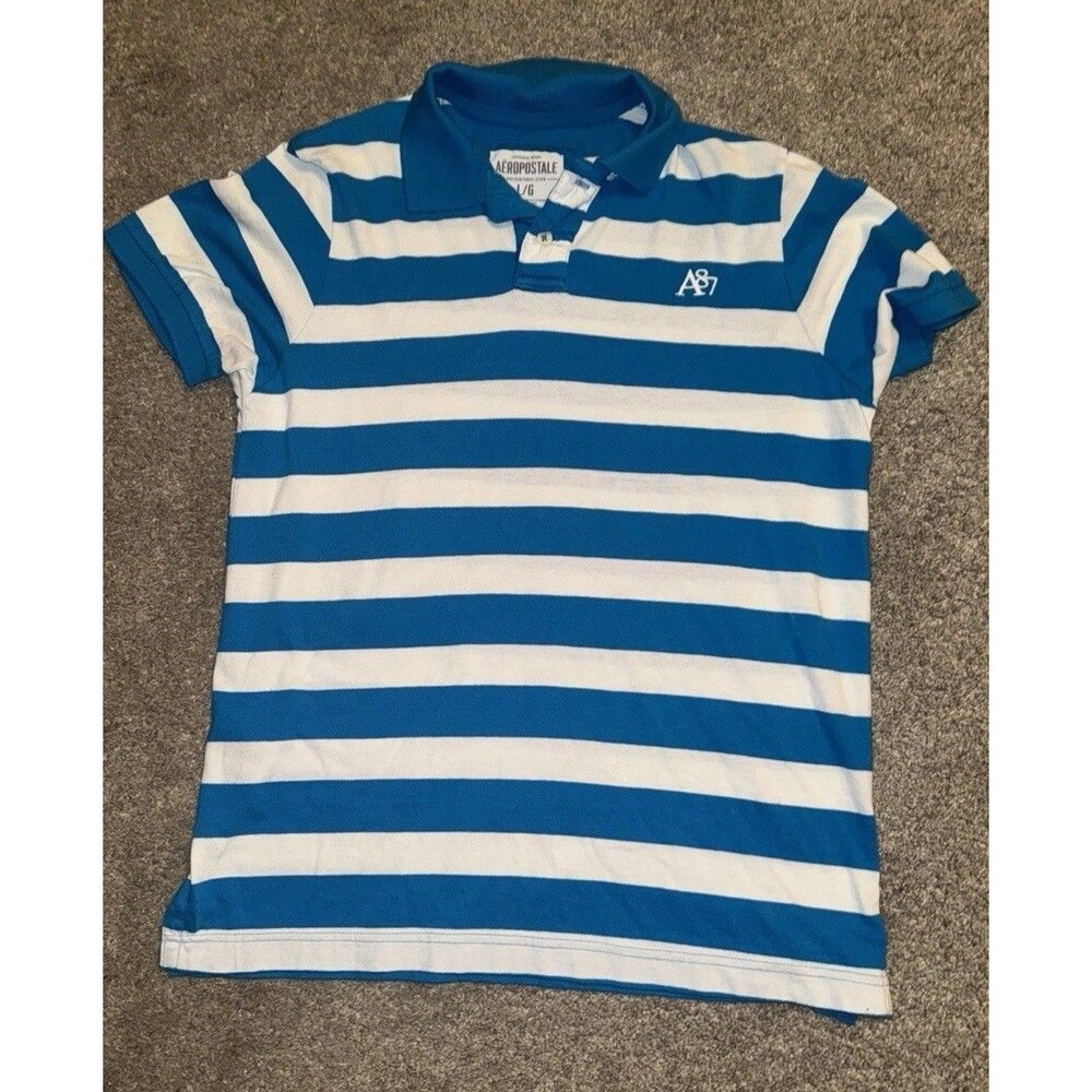 Y2K Preppy Rugby SS Polo Aeropostale Shirt Blue Striped Blue Teal White Men's Lg